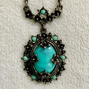 Vintage 1950s Turquoise Glass Cabochon Pendant Necklace Ornate Floral